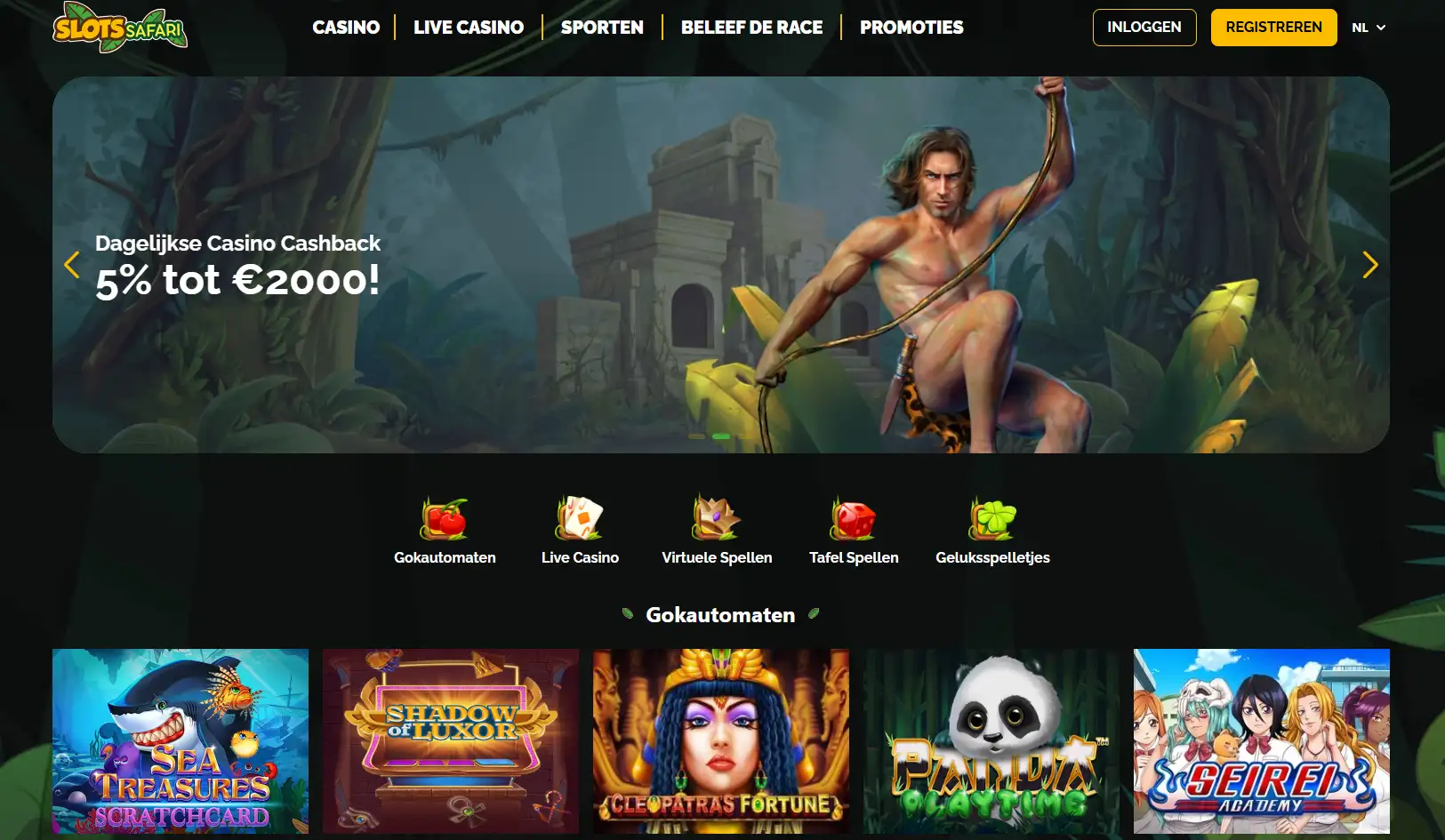 Actuele startpagina van Slots Safari met casino- en promotiesecties