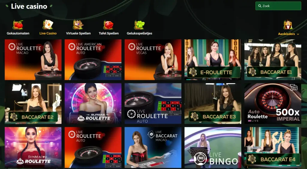 Slots Safari live casino-speloverzicht met live tafels en categorieën