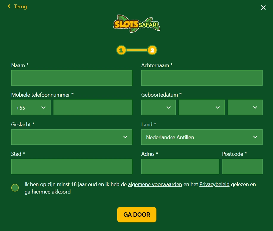 Slots Safari registratieformulier