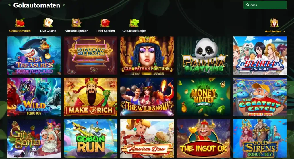 Slots Safari speloverzicht met slot-, live-, tafel- en virtual-gamecategorieën